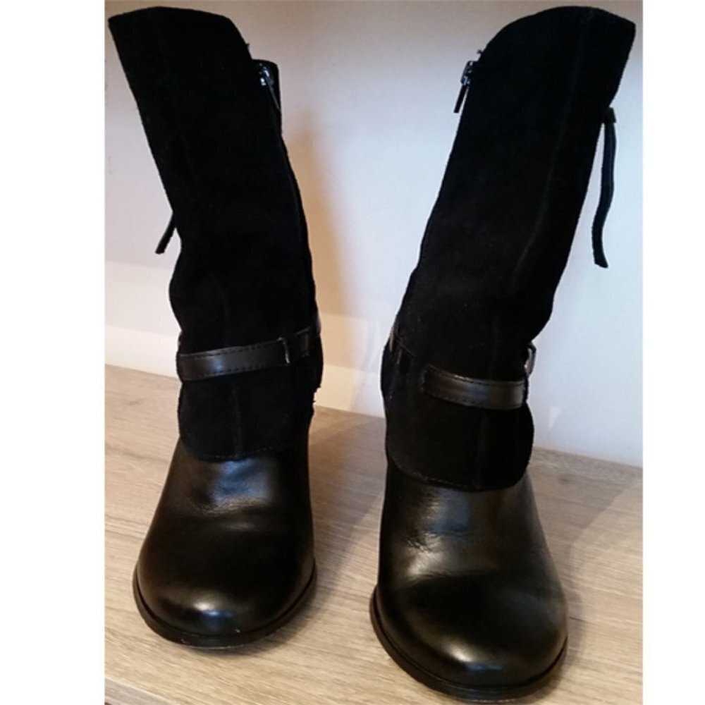 𝅺Kensie Hunter Size 7 Black Suede Leather Zip Boots Chunky Heel Buckle Wrap. - Picture 6 of 9